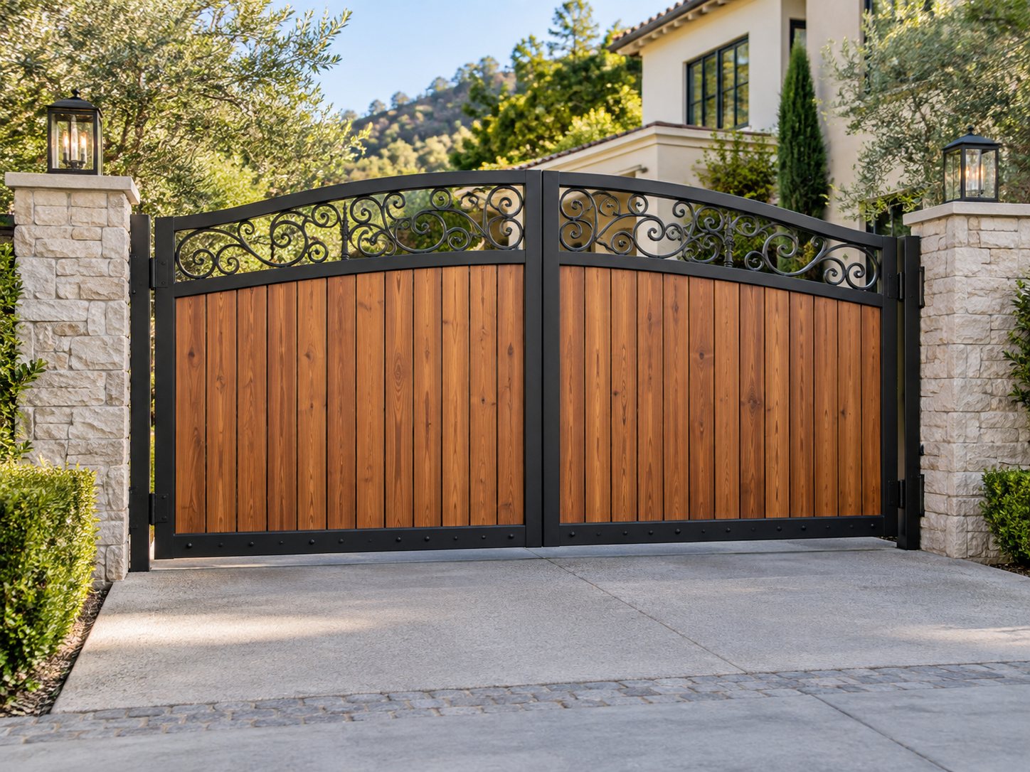 Custom wood and wrought iron ornamental entry gate